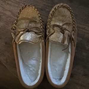 Gold Glitter Moccasin Slippers